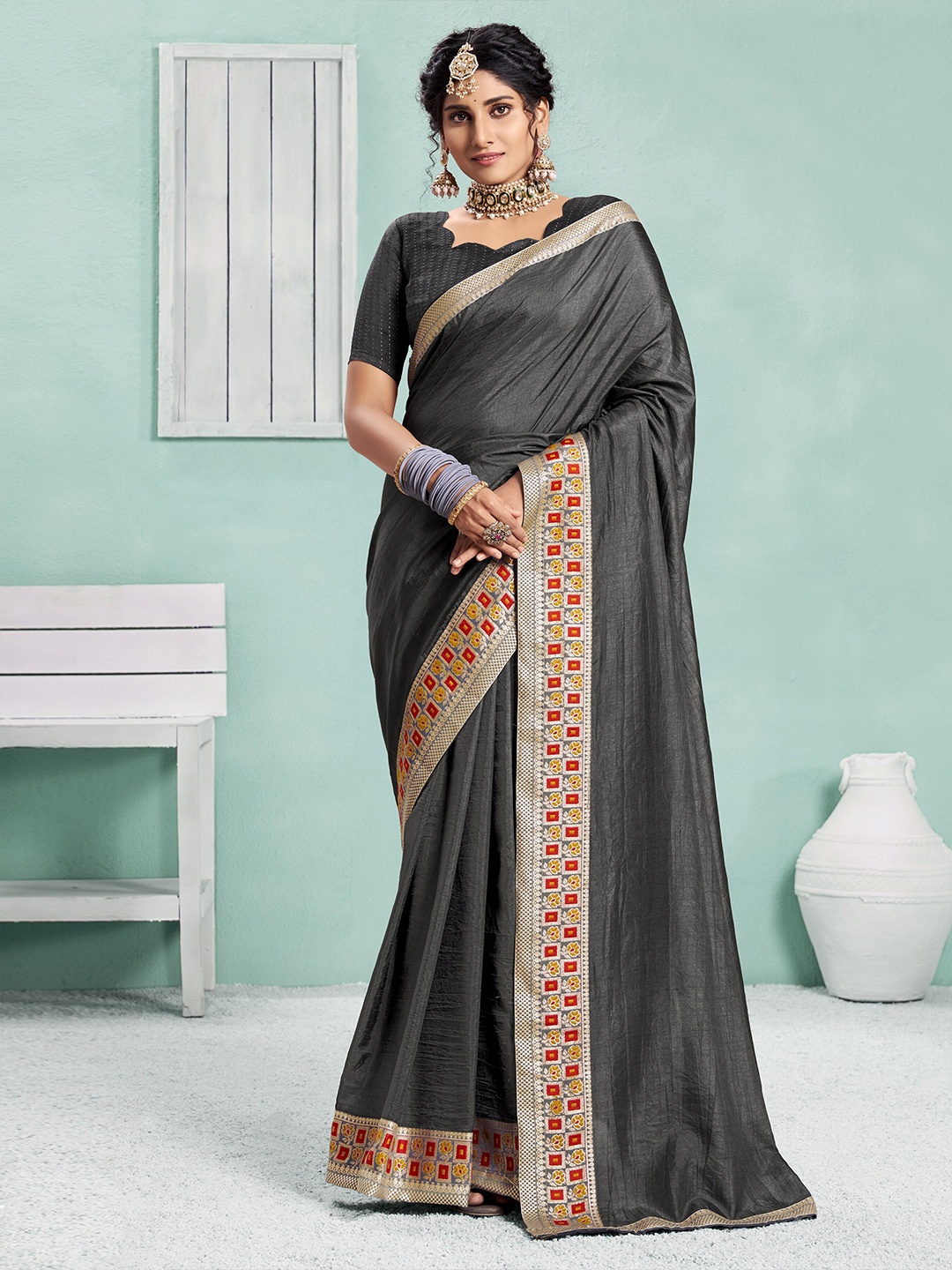 

all about you Grey & Red Zari Silk Blend Saree