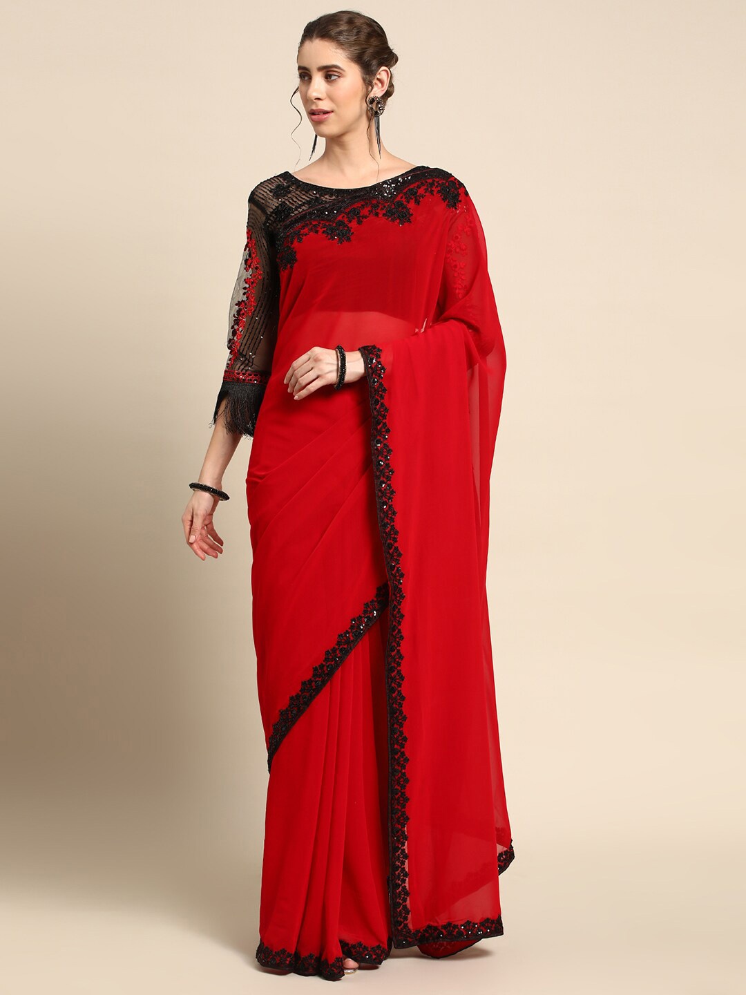 

all about you Red & Black Floral Embroidered Sequinned Border Pure Georgette Saree