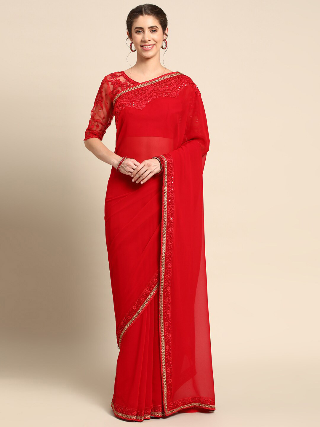 

all about you Red Embroidered Pure Georgette Saree