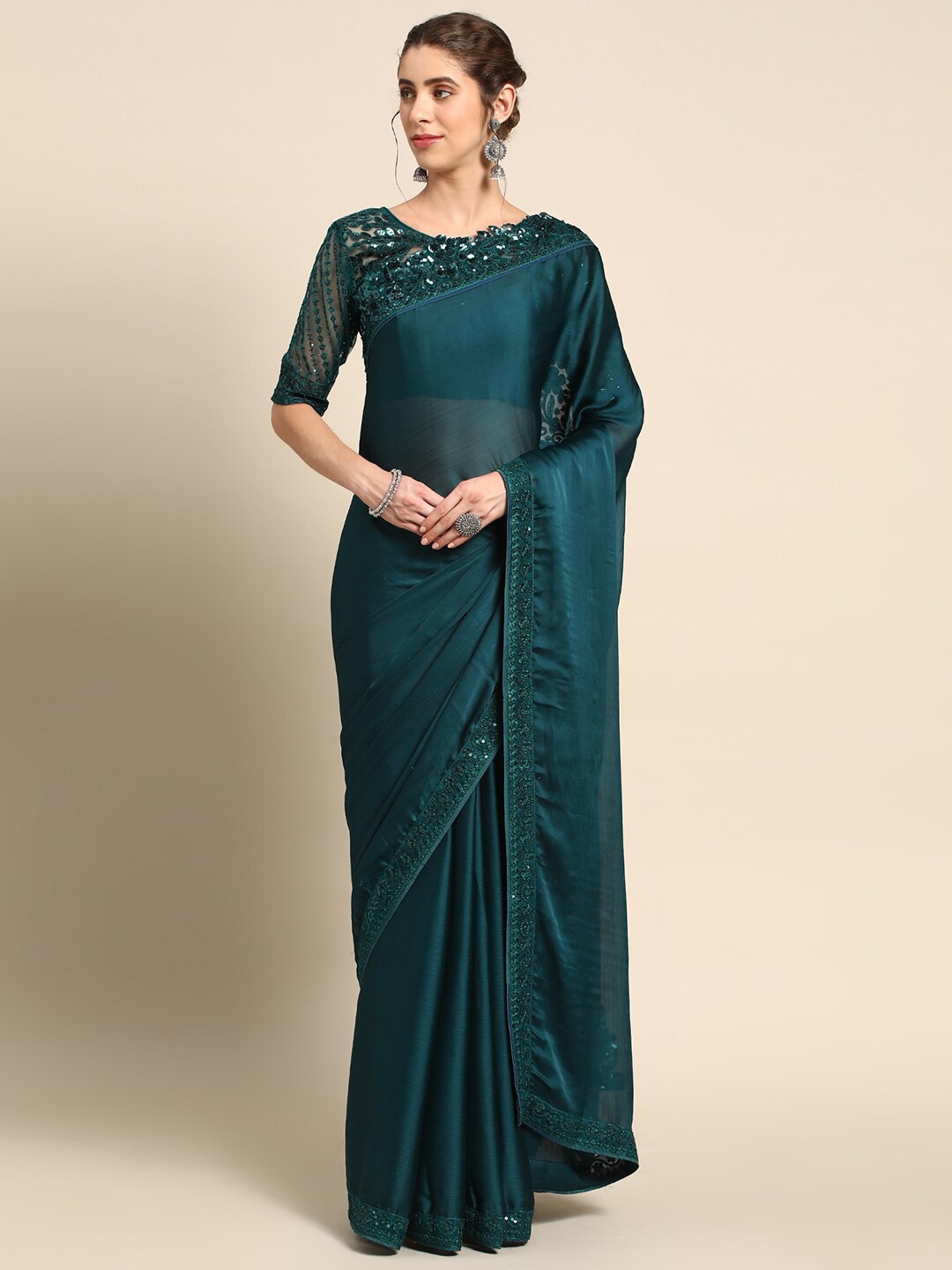 

all about you Teal Green Silk Blend Saree