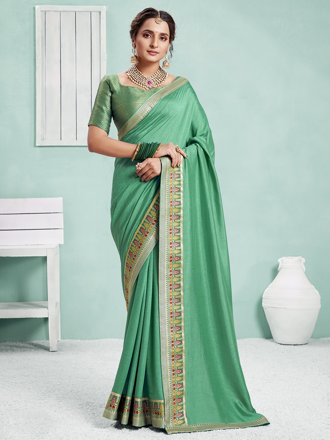 

all about you Green & Red Woven Design Zari Saree