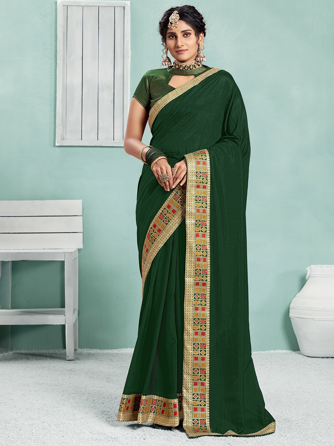 

all about you Green & Red Silk Blend Saree