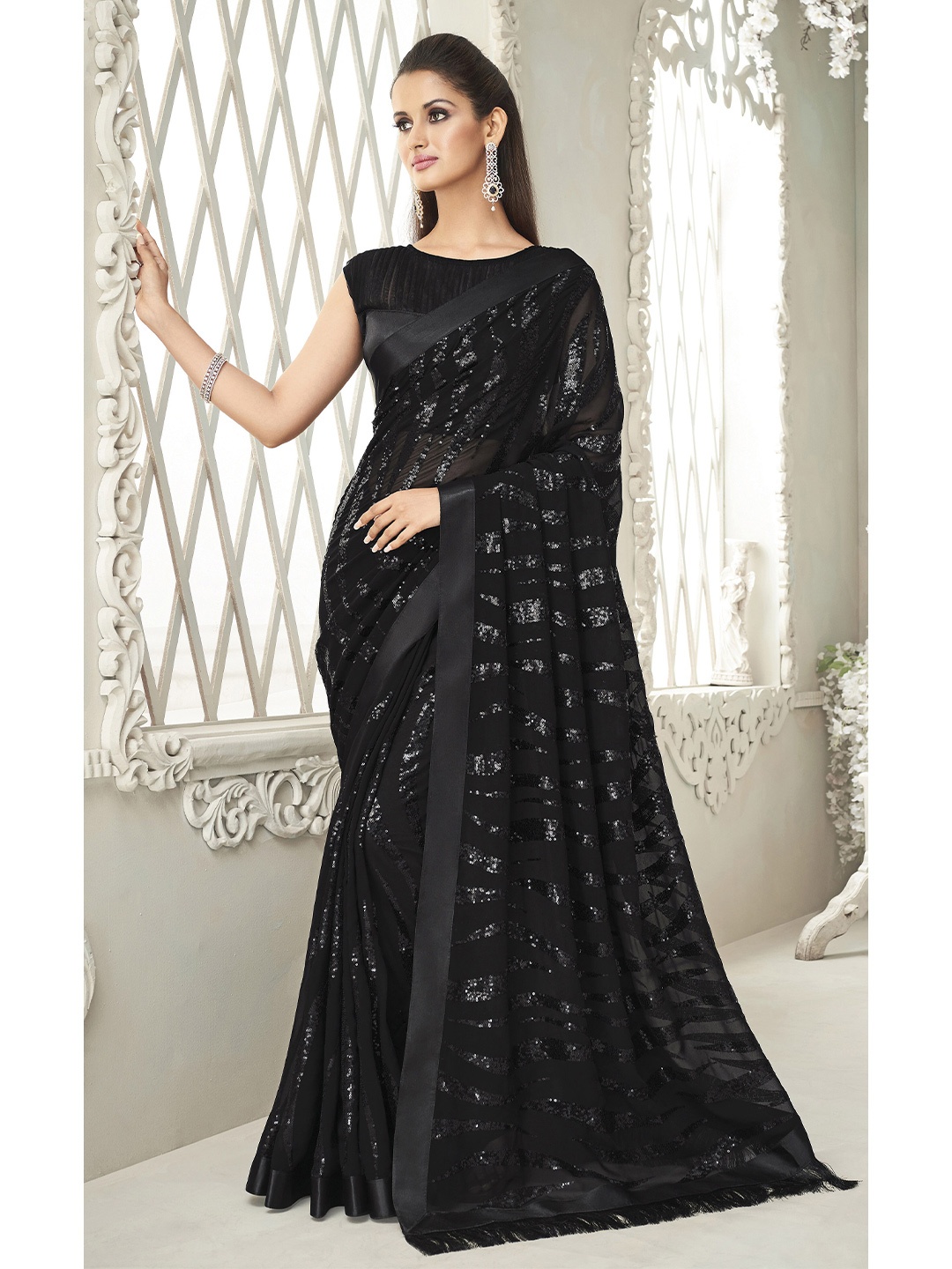 

all about you Black Embellished Sequinned Pure Georgette Saree