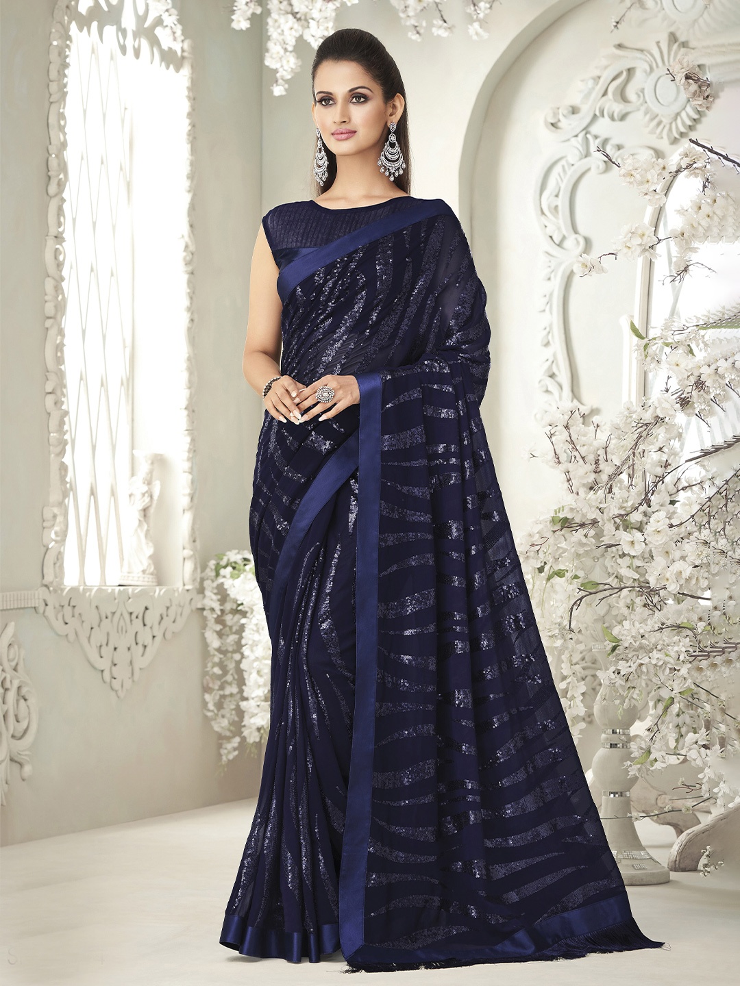 

all about you Navy Blue Embellished Sequinned Pure Georgette Saree