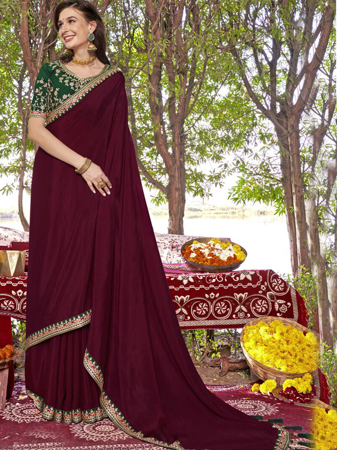 

all about you Brown & Green Silk Blend Saree