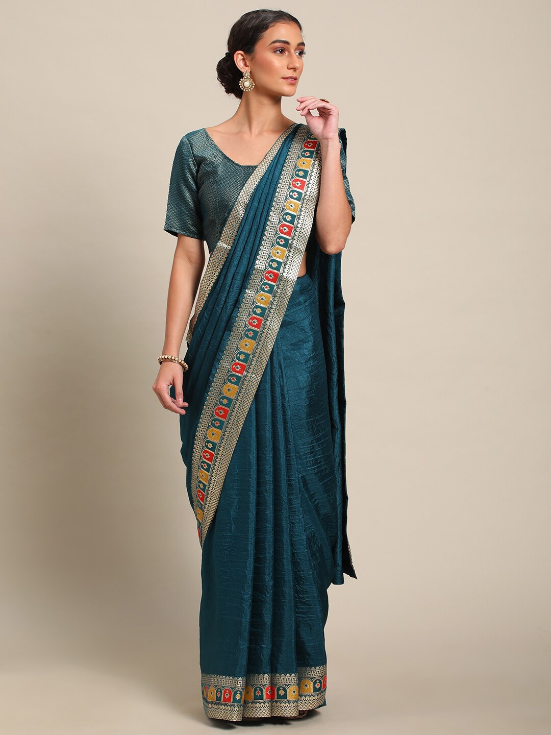 

all about you Teal & Gold-Toned Silk Blend Saree