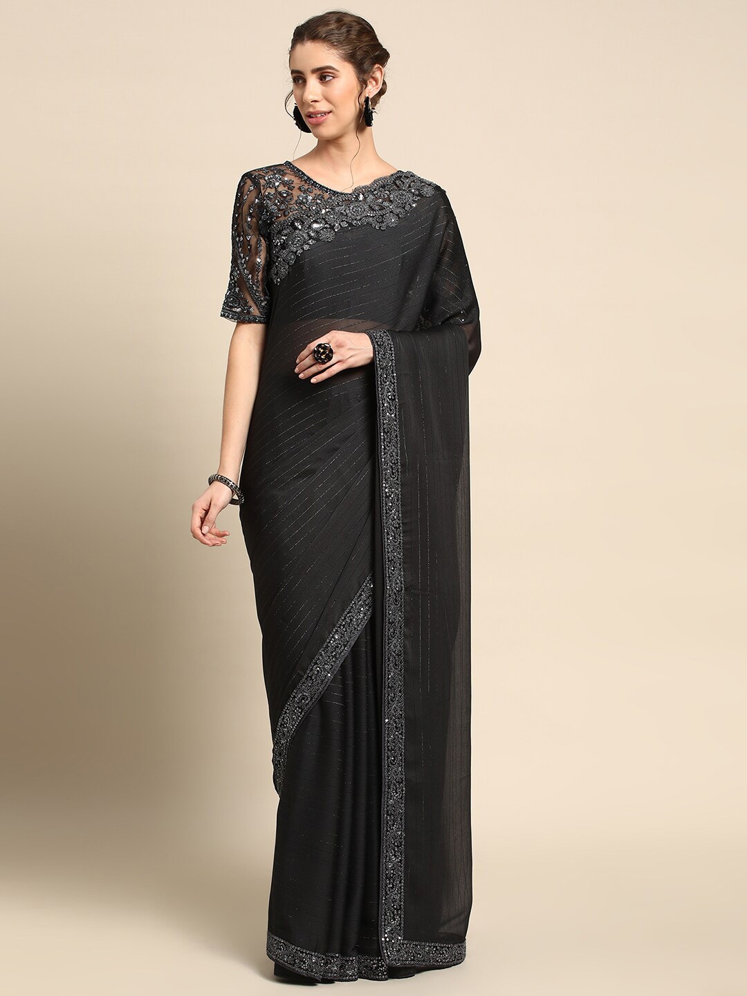

all about you Black Striped Sequinned Border Saree