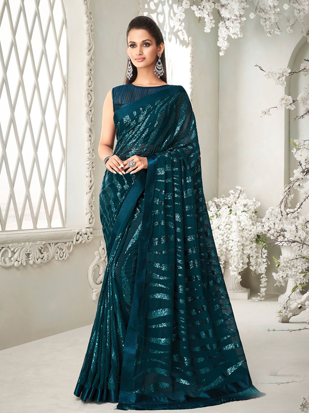 

all about you Teal Green Embellished Sequinned Pure Georgette Saree