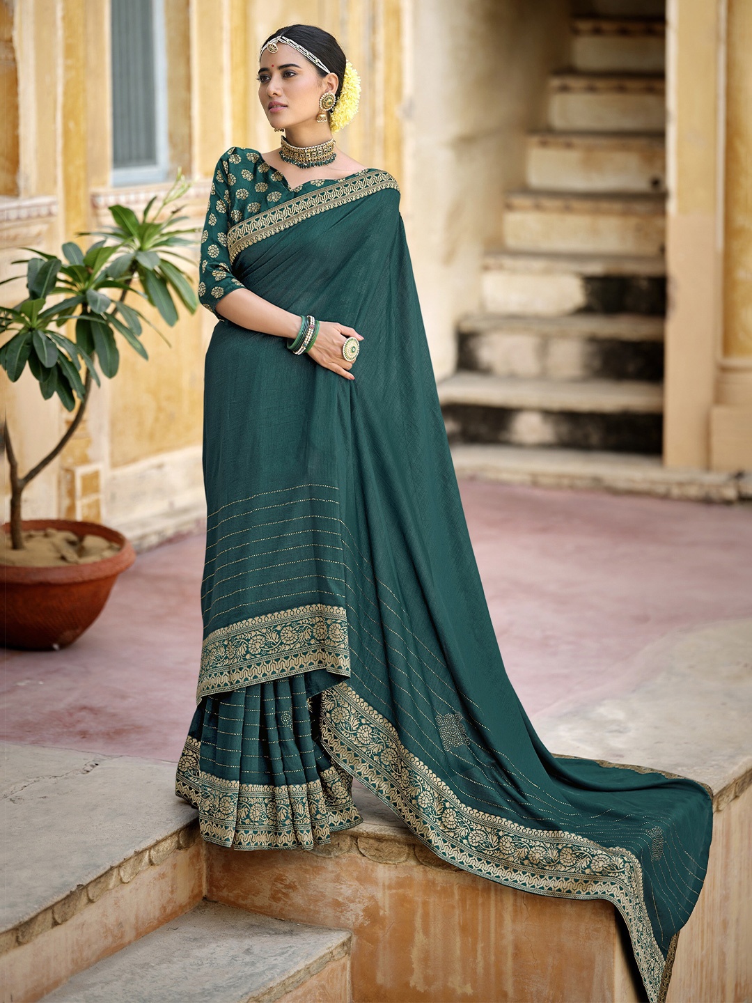 

all about you Teal & Gold Toned Striped Zari Silk Blend Saree
