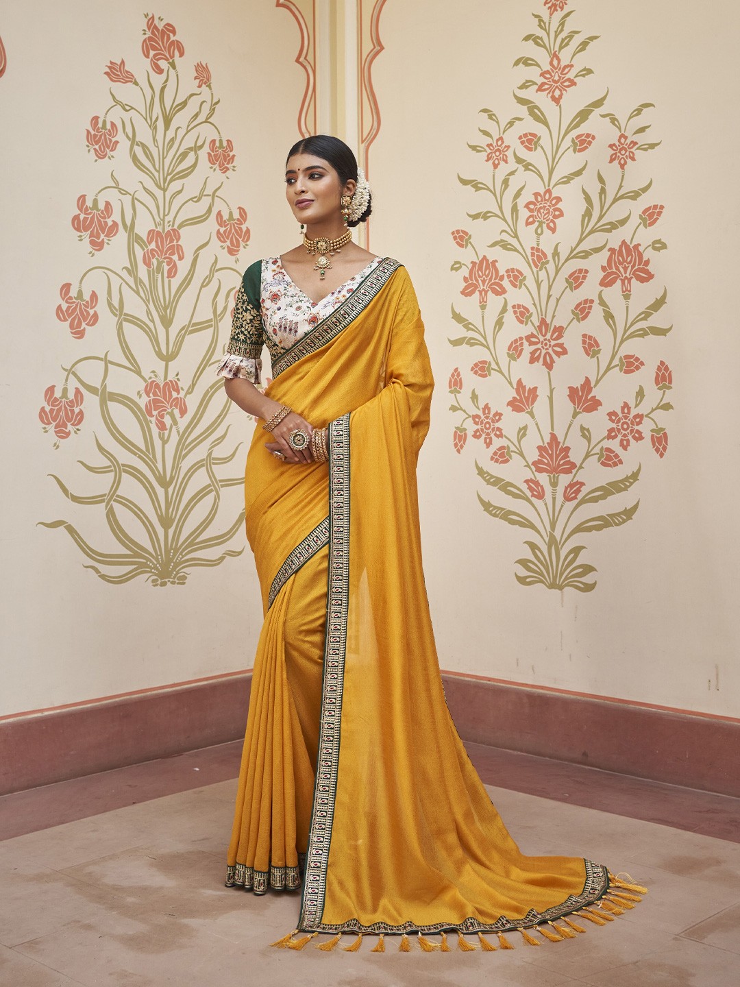 

all about you Mustard & Green Embroidered Border Saree