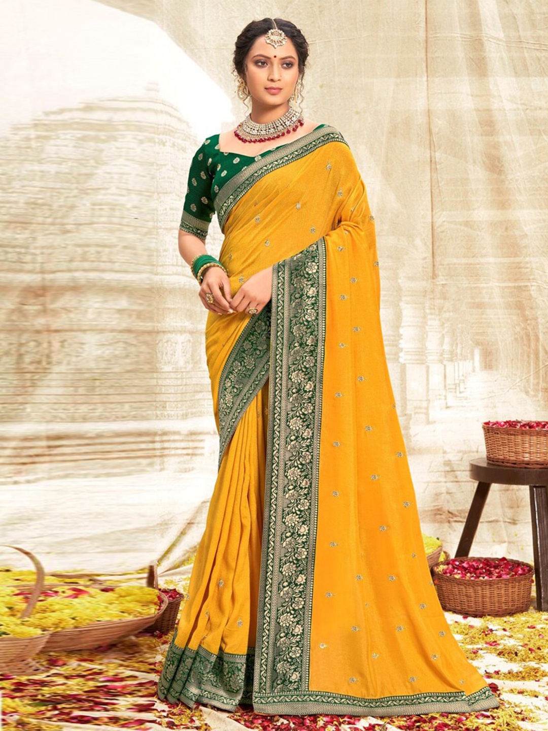 

all about you Ethnic Motifs Zari Silk Blend Saree, Mustard