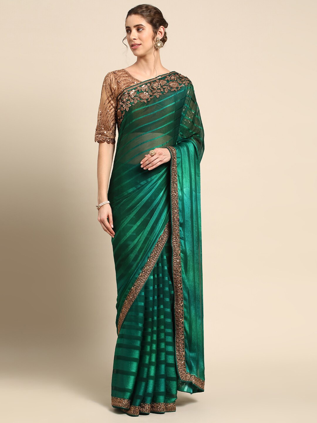 

all about you Green and Gold-Toned Striped Embroidered Silk Blend Saree