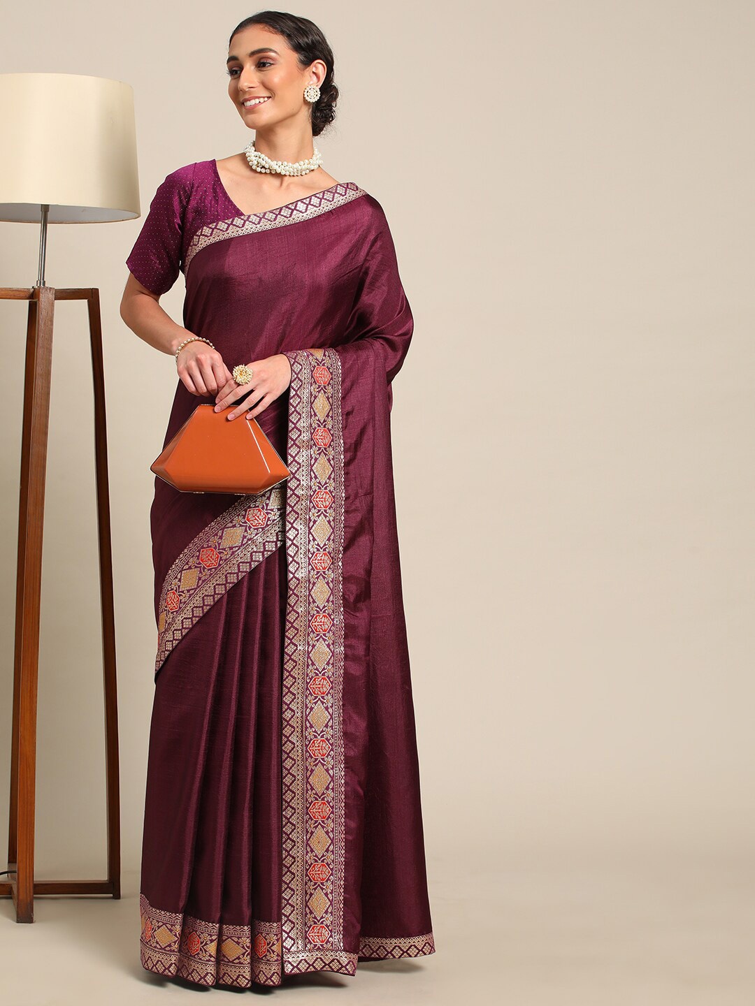 

all about you Purple & Orange Silk Blend Saree