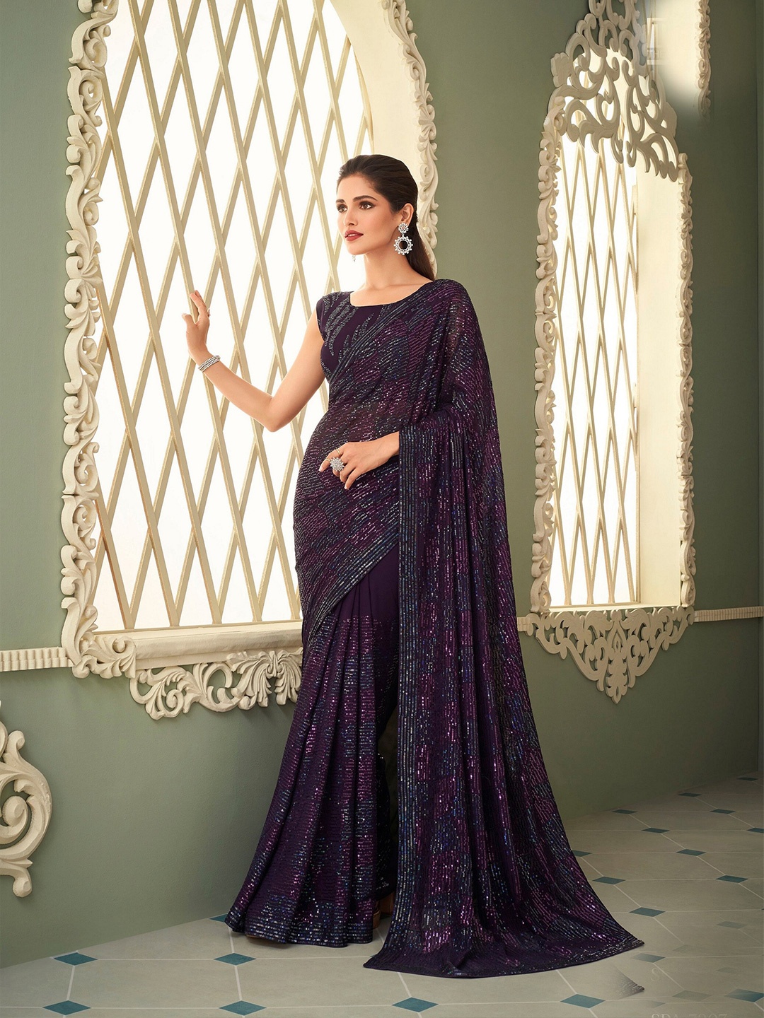 

all about you Purple Embellished Sequinned Pure Georgette Saree
