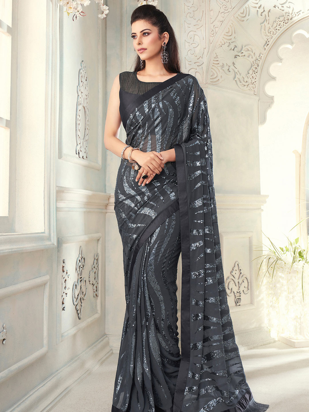 

all about you Grey Embellished Sequinned Pure Georgette Saree