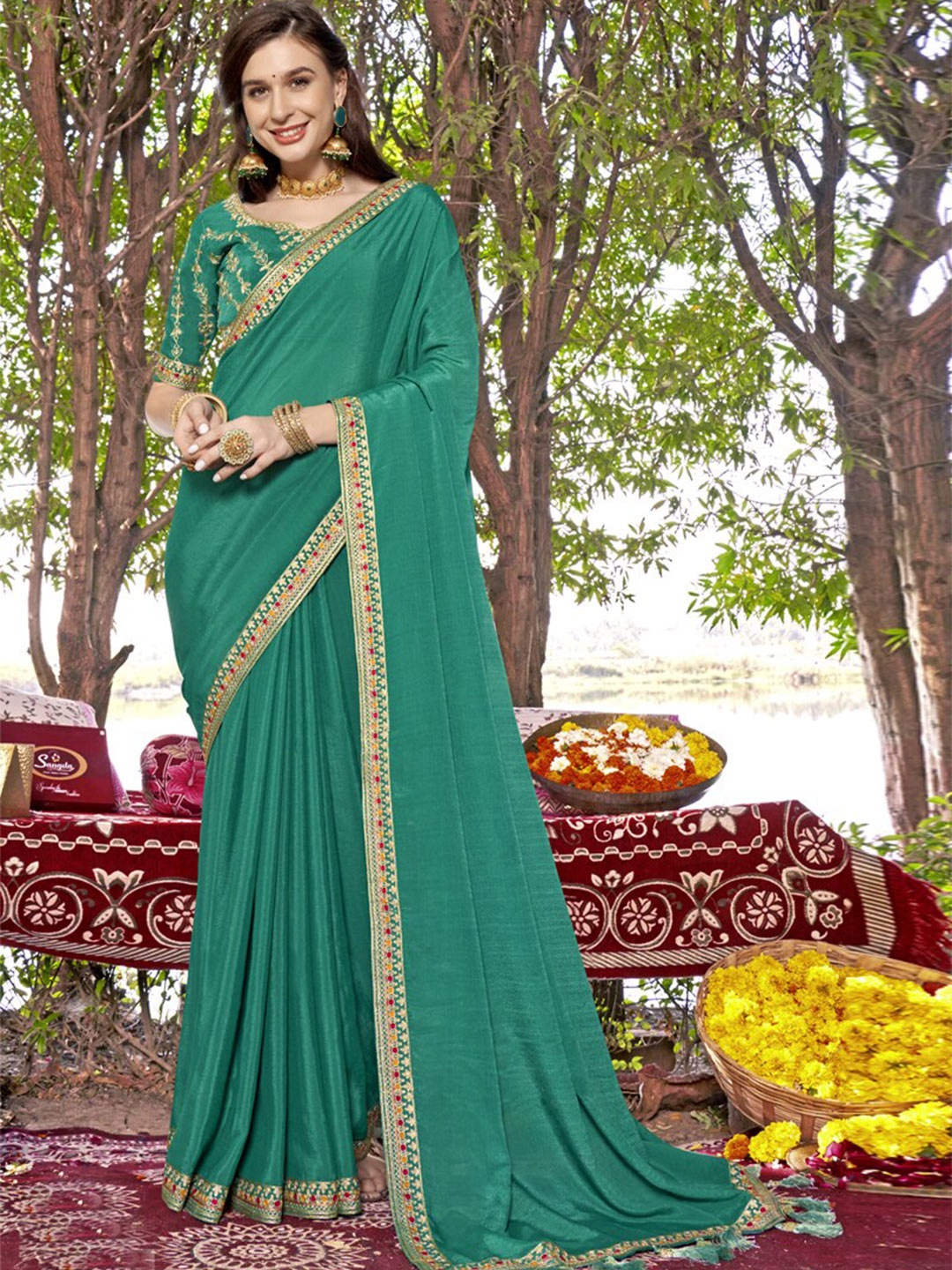 

all about you Sea Green and Gold-Toned Embroidered Silk Blend Saree