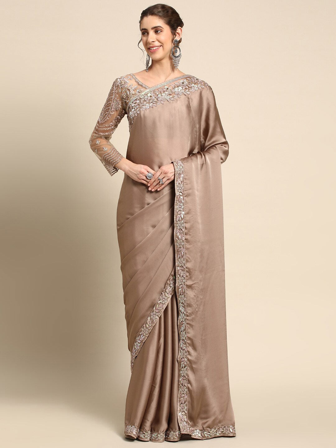 

all about you Taupe & Gold-Toned Embroidered Border Saree