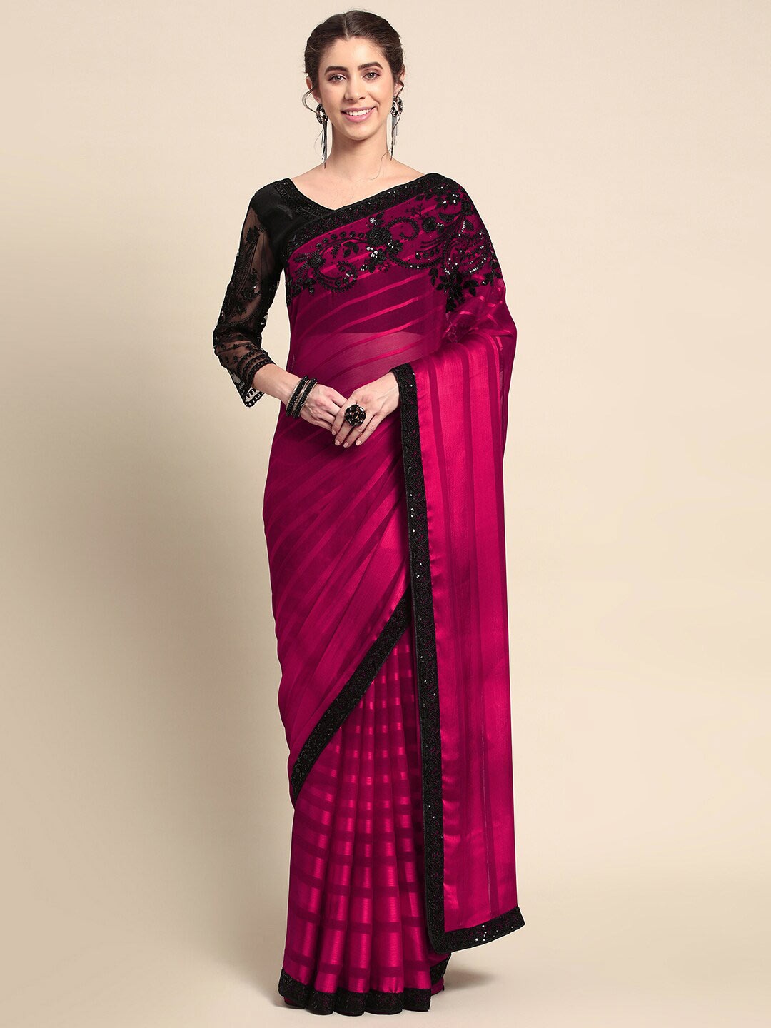 

all about you Maroon and Black Striped Embroidered Silk Blend Saree