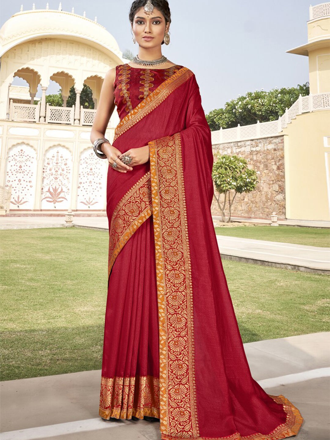 

all about you Red and Gold-Toned Embroidered Silk Blend Saree