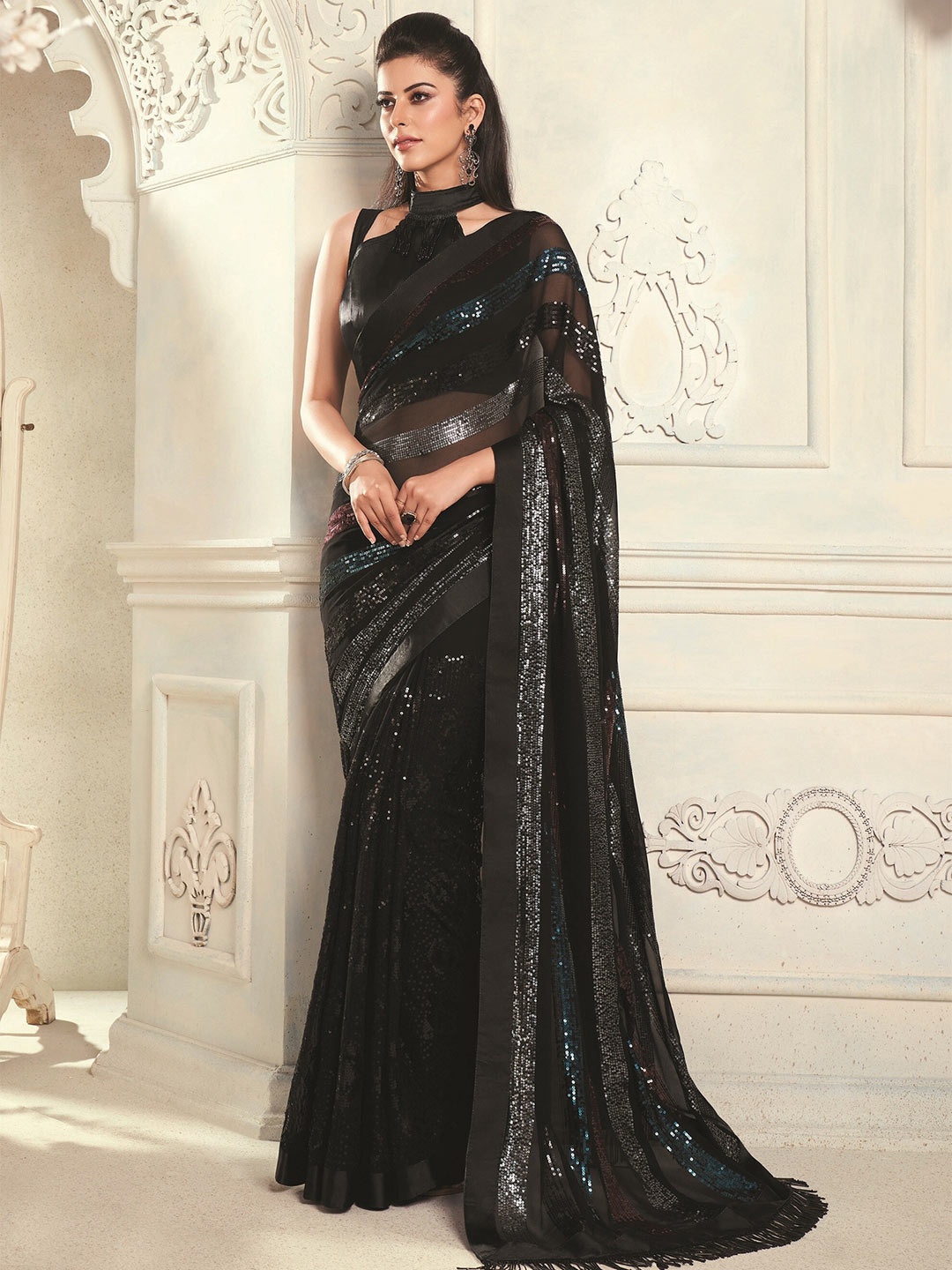 

all about you Black Embellished Sequinned Pure Georgette Saree