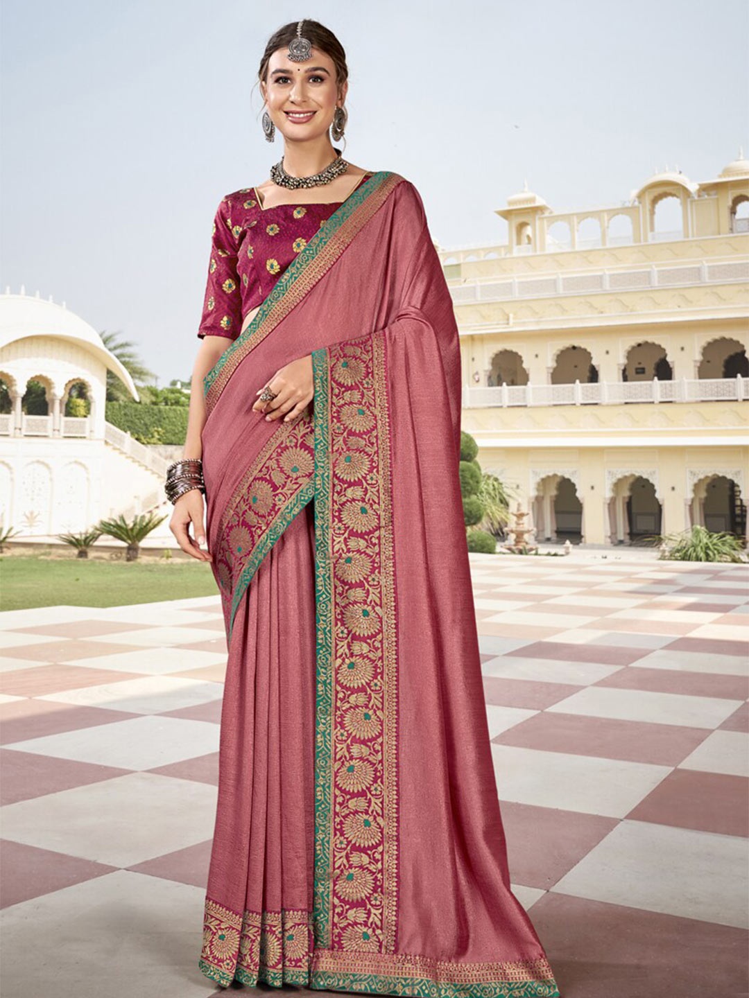

all about you Mauve & Green Woven Design Border Zari Saree