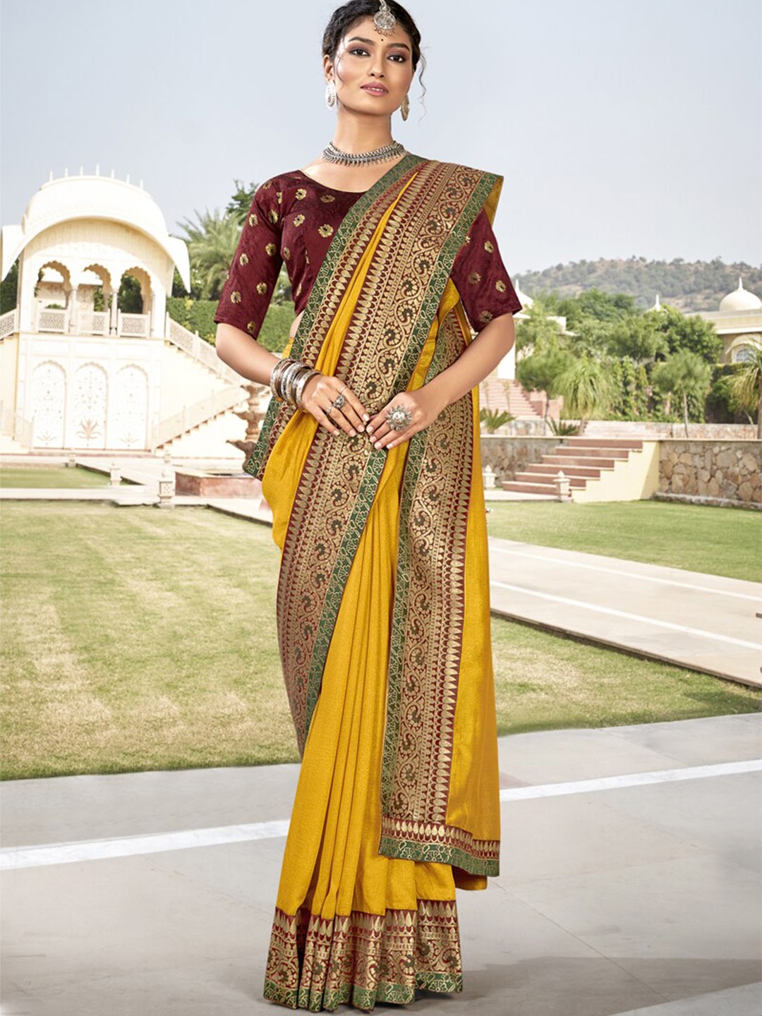 

all about you Mustard & Brown Woven Design Border Zari Saree