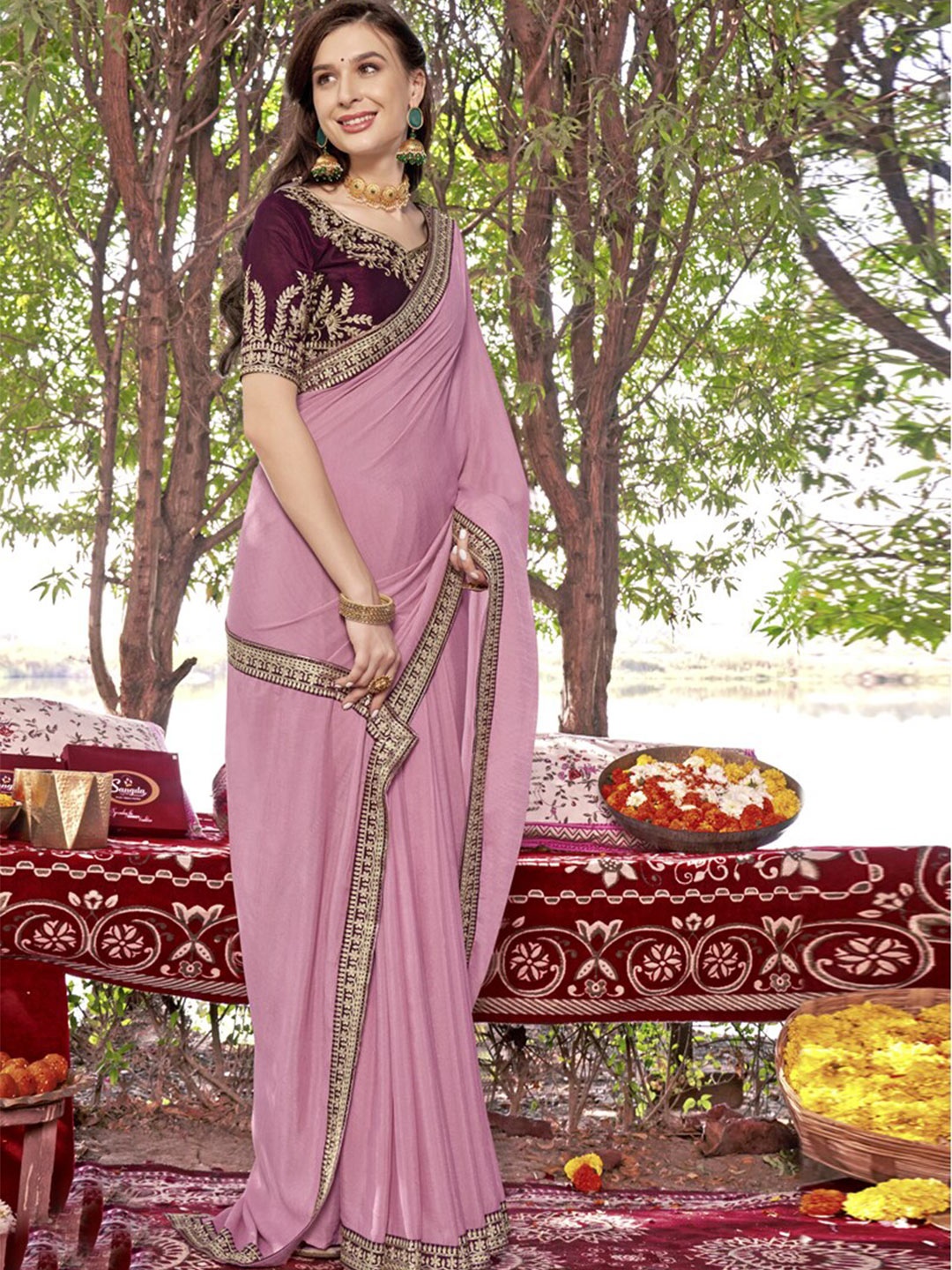 

all about you Pink & Gold-Toned Silk Blend Saree