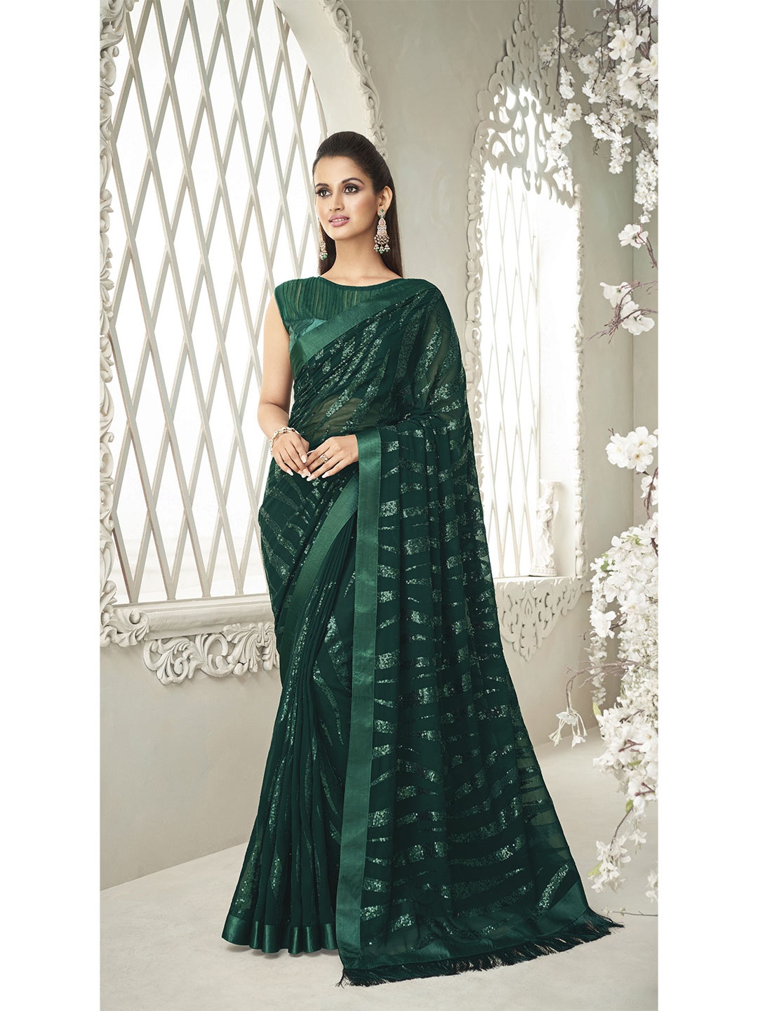 

all about you Green Embellished Sequinned Pure Georgette Saree