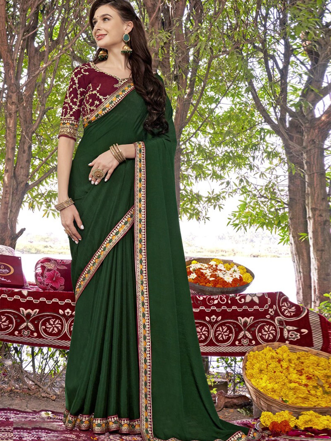 

all about you Green and Maroon Embroidered Silk Blend Saree