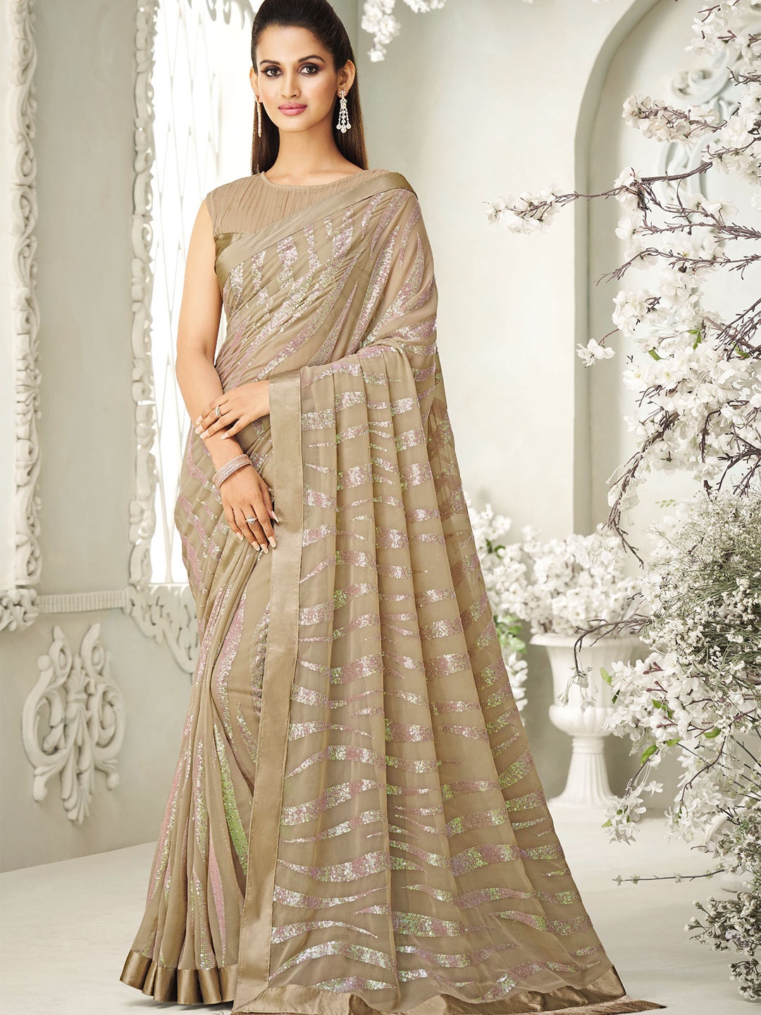 

all about you Beige Embellished Sequinned Pure Georgette Saree