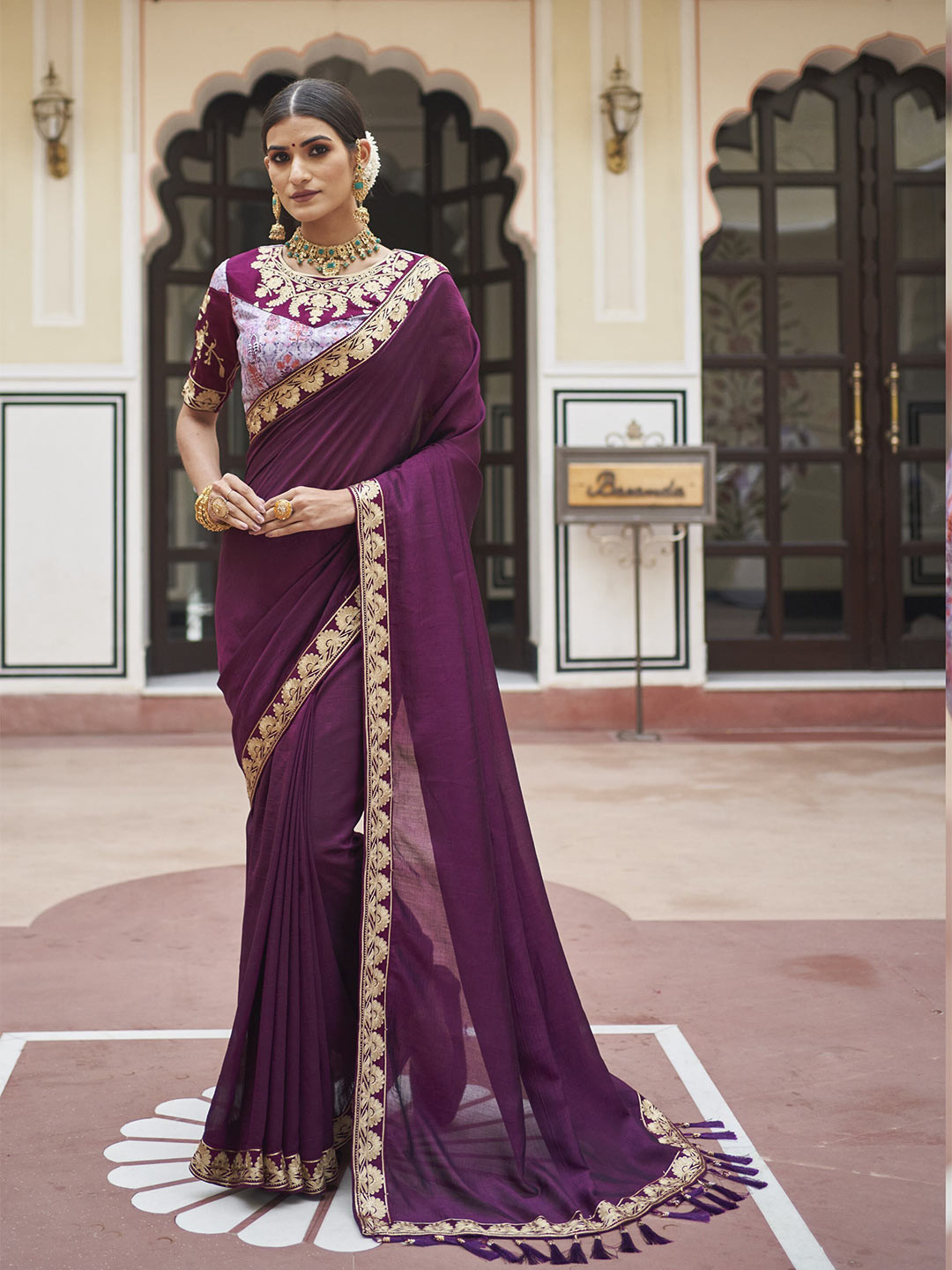 

all about you Purple and Gold-Toned Embroidered Silk Blend Saree