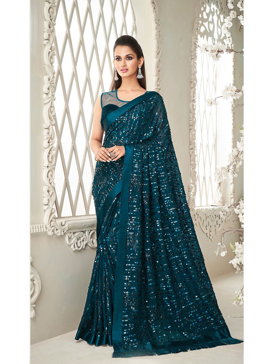 

all about you Blue Embellished Sequinned Pure Georgette Saree