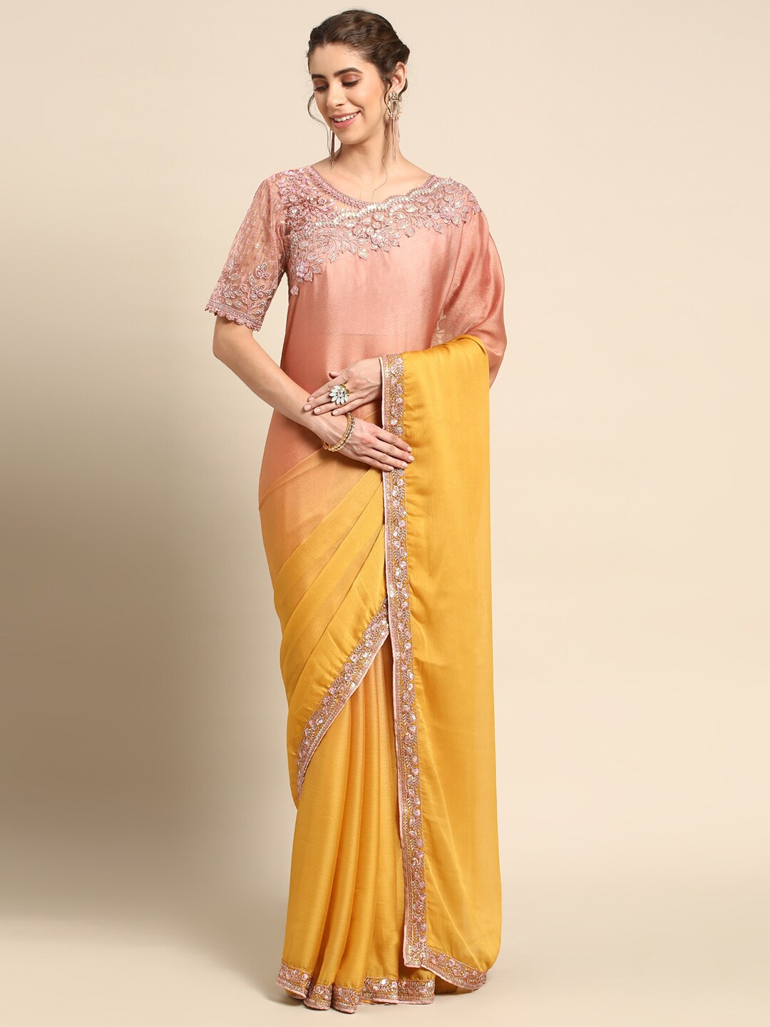 

all about you Peach-Coloured & Yellow Ombre Embroidered Border Saree