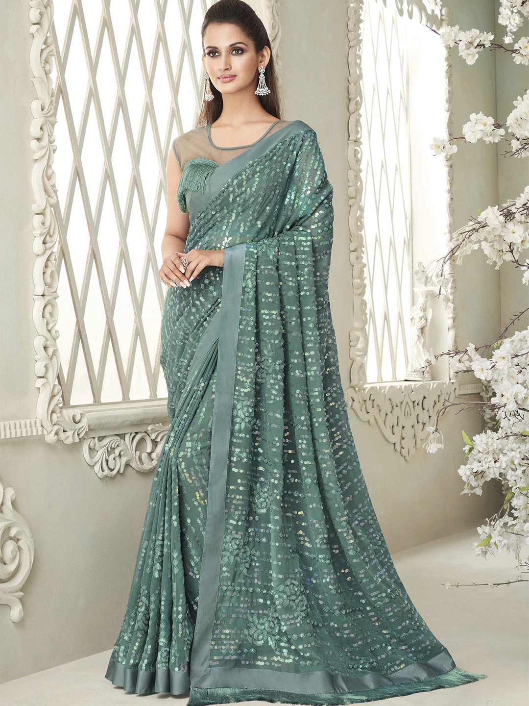 

all about you Sea Green Embellished Sequinned Pure Georgette Saree