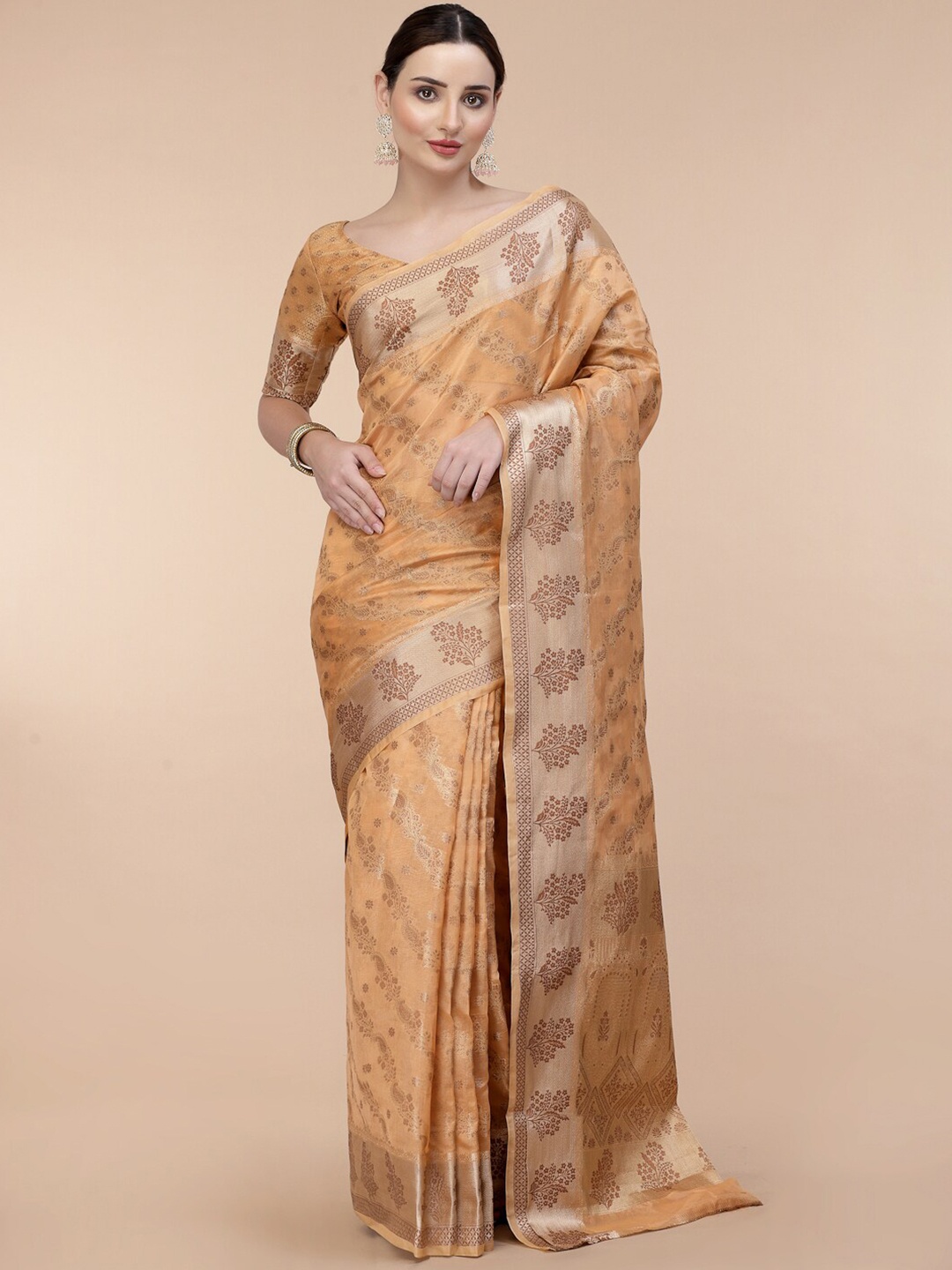 

all about you Beige Woven Design Zari Organza Saree