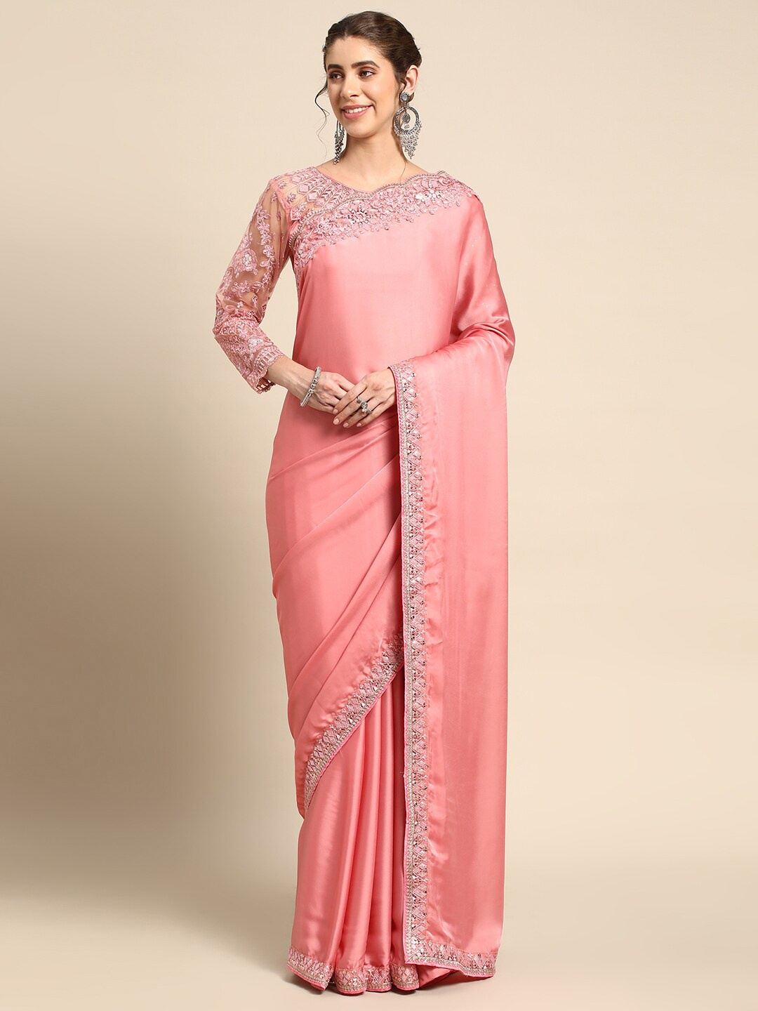 

all about you Pink Embroidered Border Saree