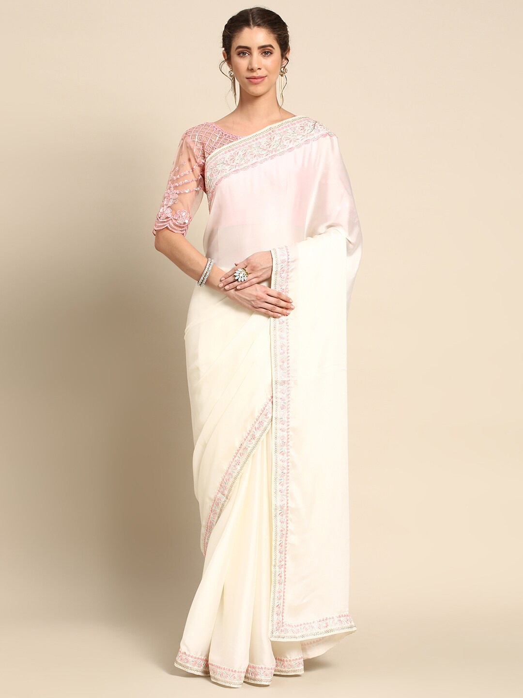 

all about you White & Pink Embroidered Border Saree