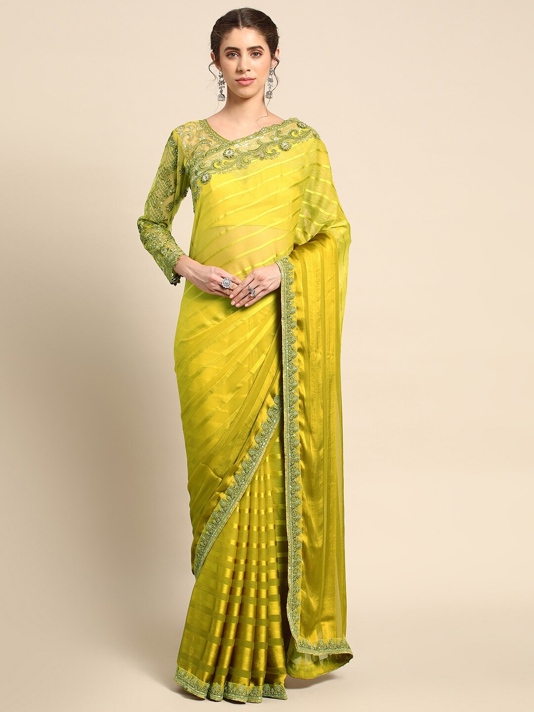 

all about you Mustard & Green Striped Saree