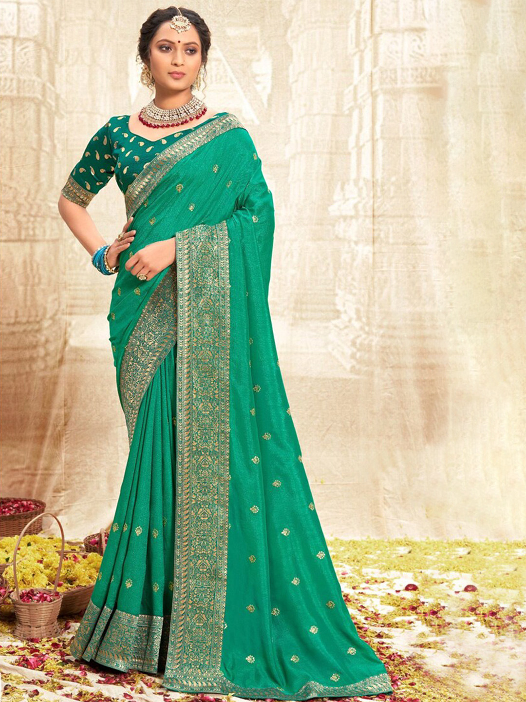 

all about you Sea Green and Gold-Toned Ethnic Motifs Zari Silk Blend Saree