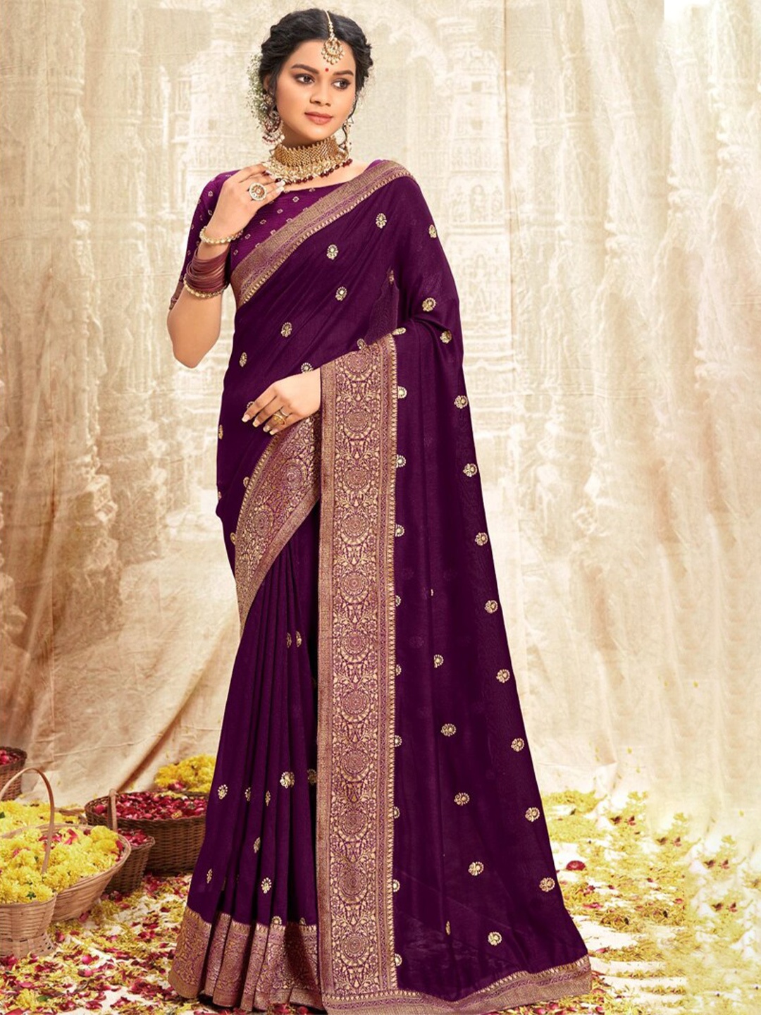 

all about you Purple and Gold-Toned Paisley Zari Silk Blend Designer Saree