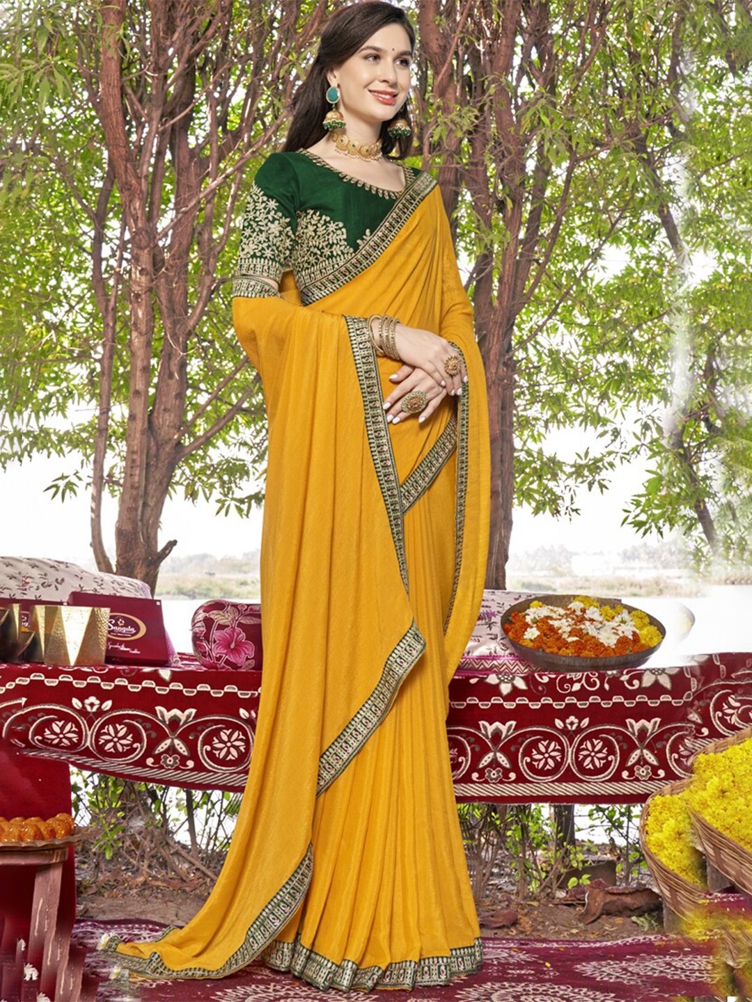 

all about you Mustard & Green Silk Blend Saree