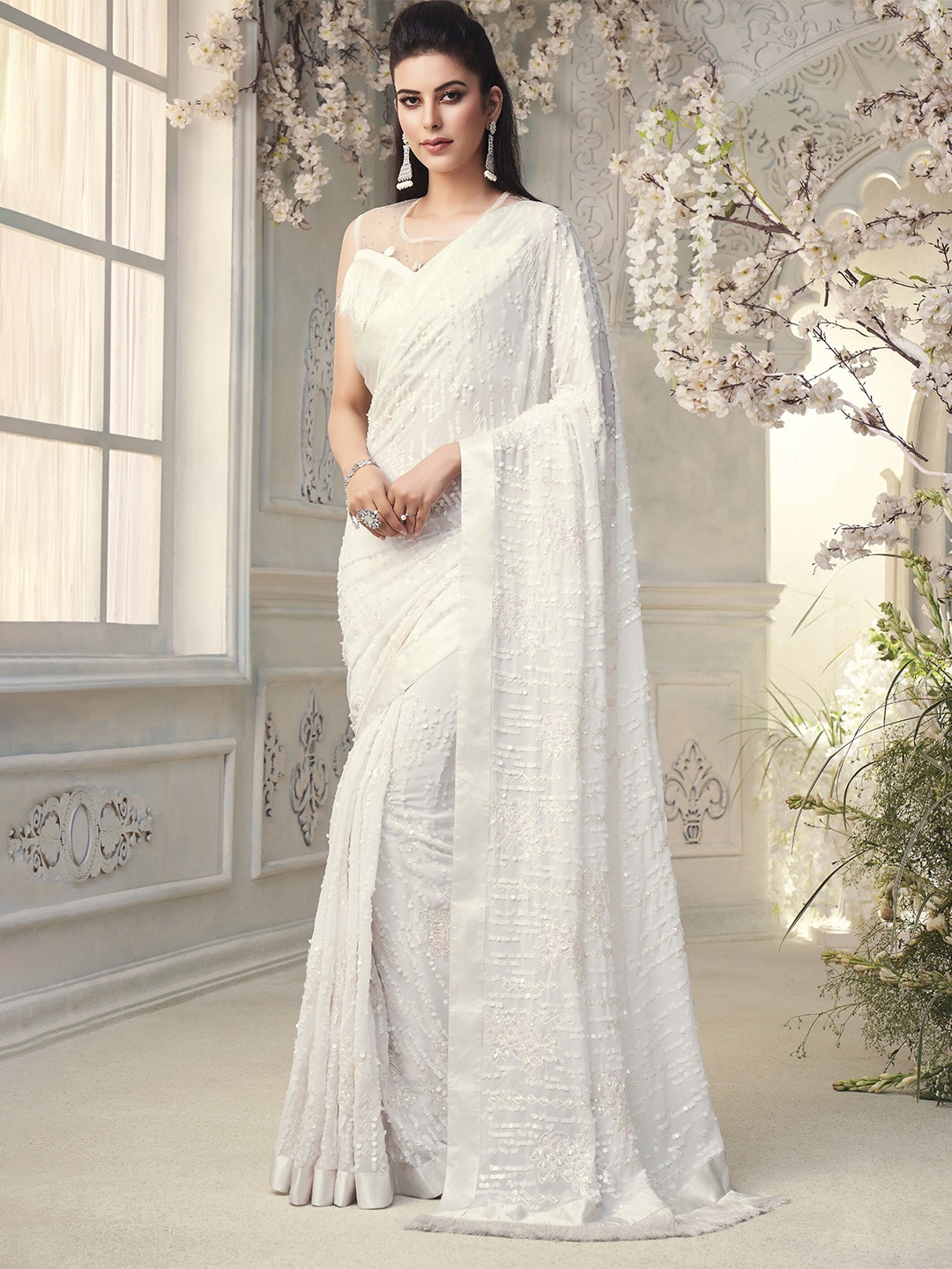 

all about you White Embellished Sequinned Pure Georgette Saree