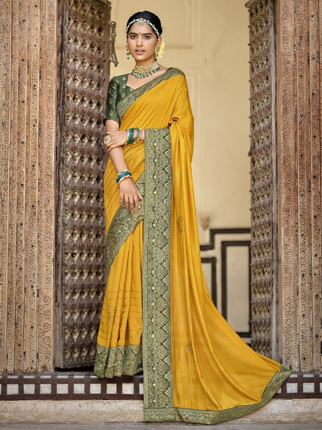 

all about you Mustard & Green Striped Embroidered Border Zari Saree