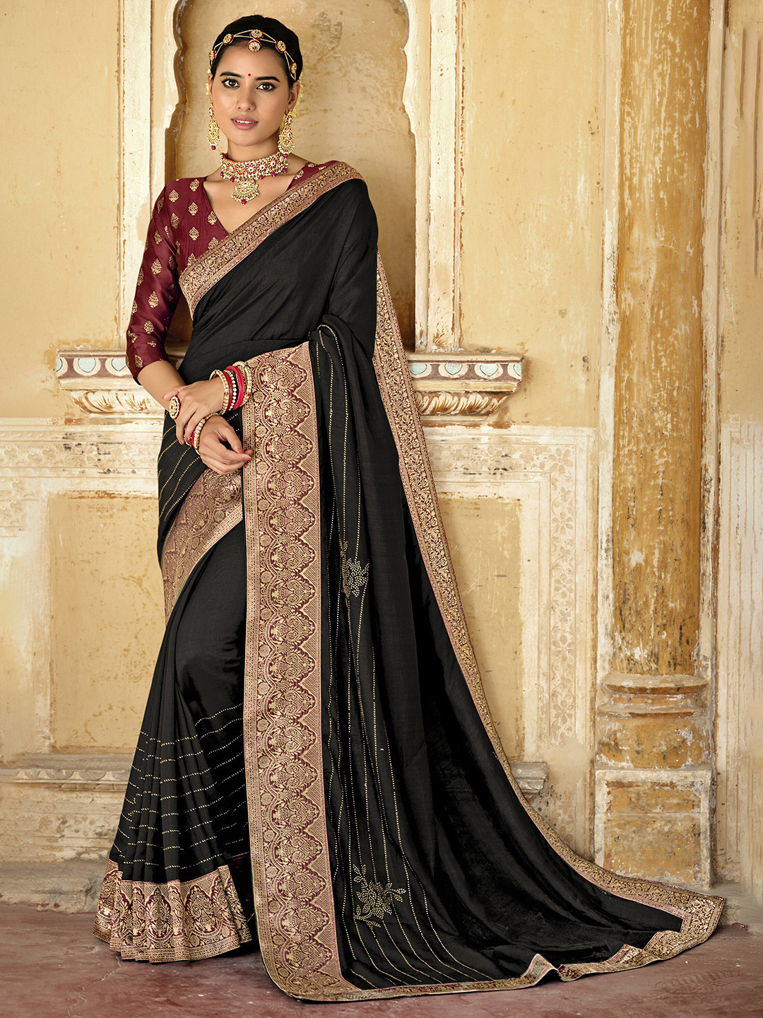 

all about you Black and Gold-Toned Striped Zari Silk Blend Saree