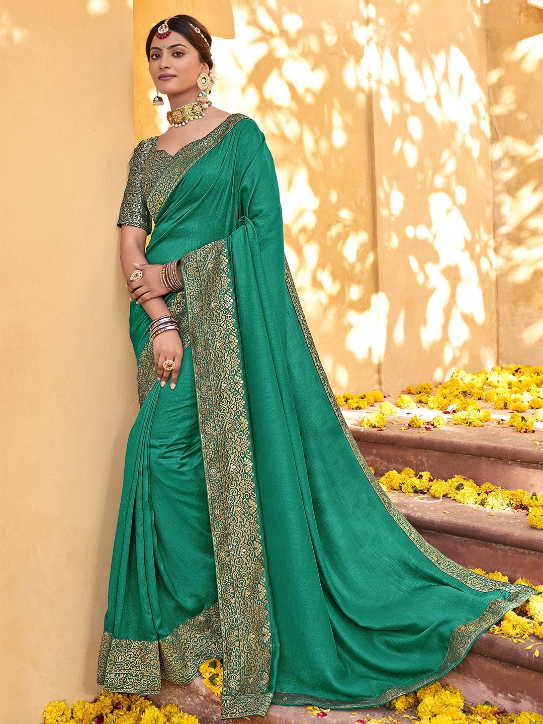 

all about you Sea Green and Gold-Toned Zari Silk Blend Saree