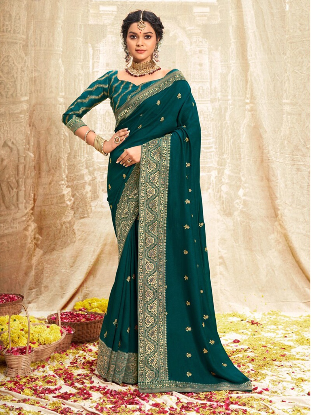 

all about you Teal and Gold-Toned Floral Zari Silk Blend Saree