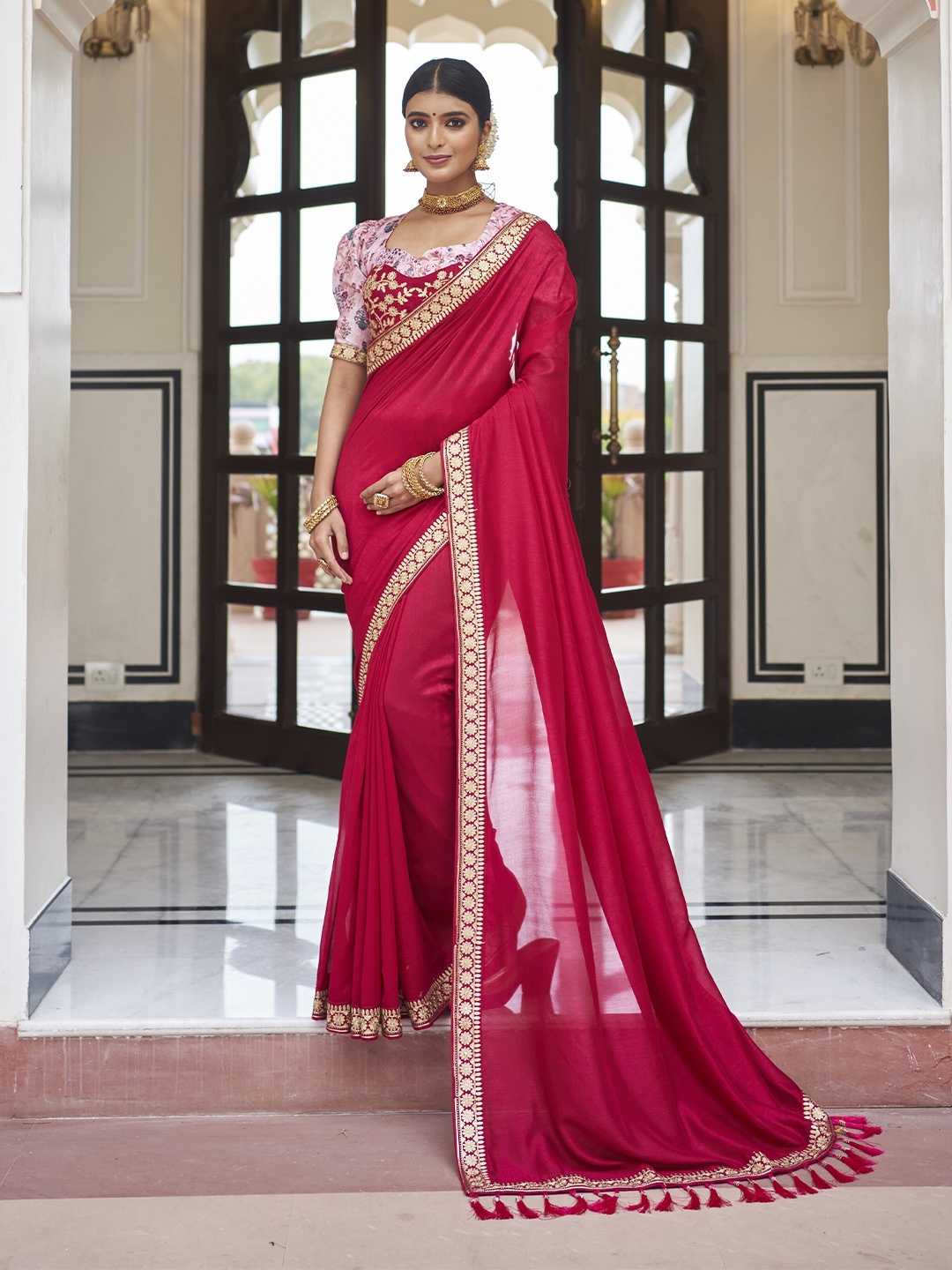

all about you Red and Gold-Toned Embroidered Silk Blend Saree