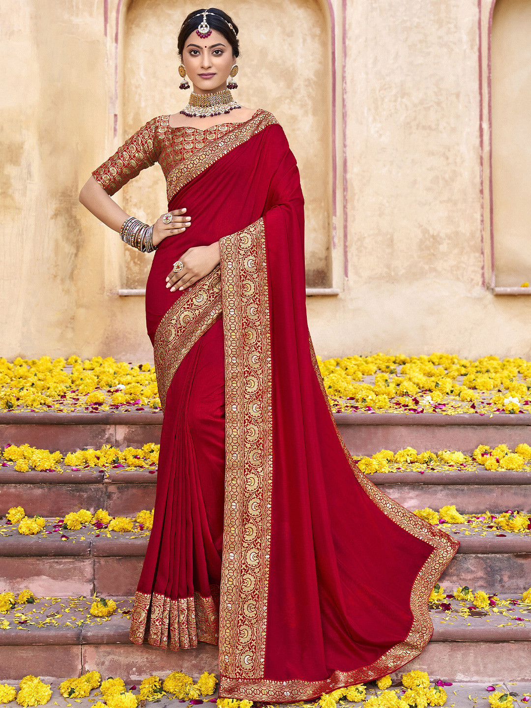 

all about you Red & Gold-Toned Silk Blend Saree