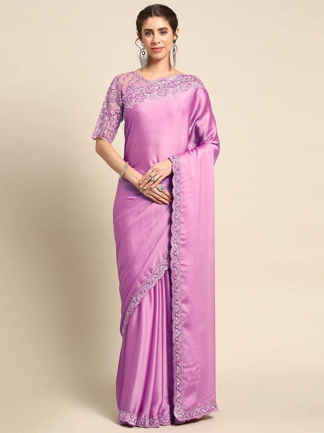 

all about you Pink Sequinned Embroidered Border Saree