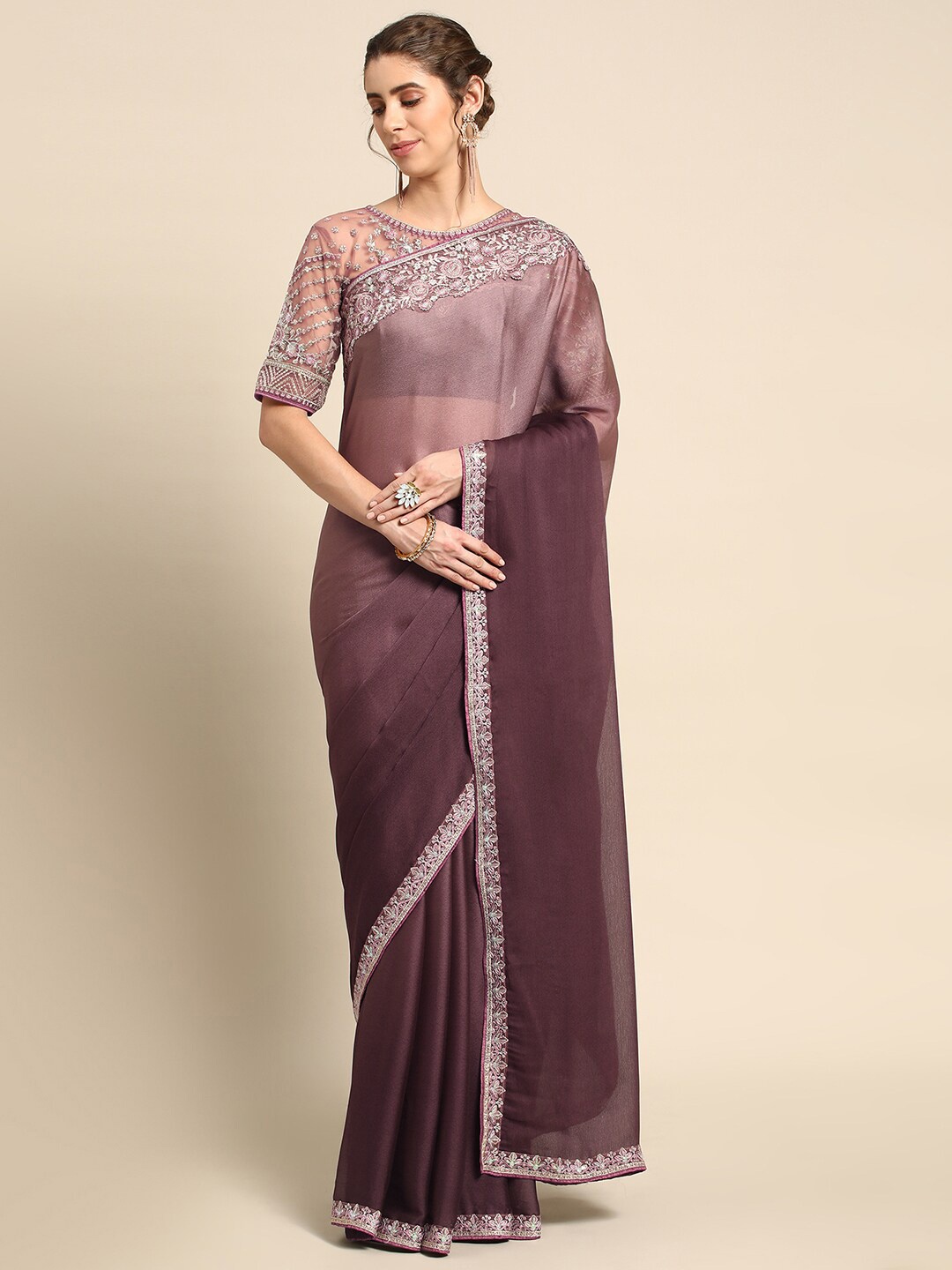 

all about you Brown and Silver-Toned Sequinned Silk Blend Saree